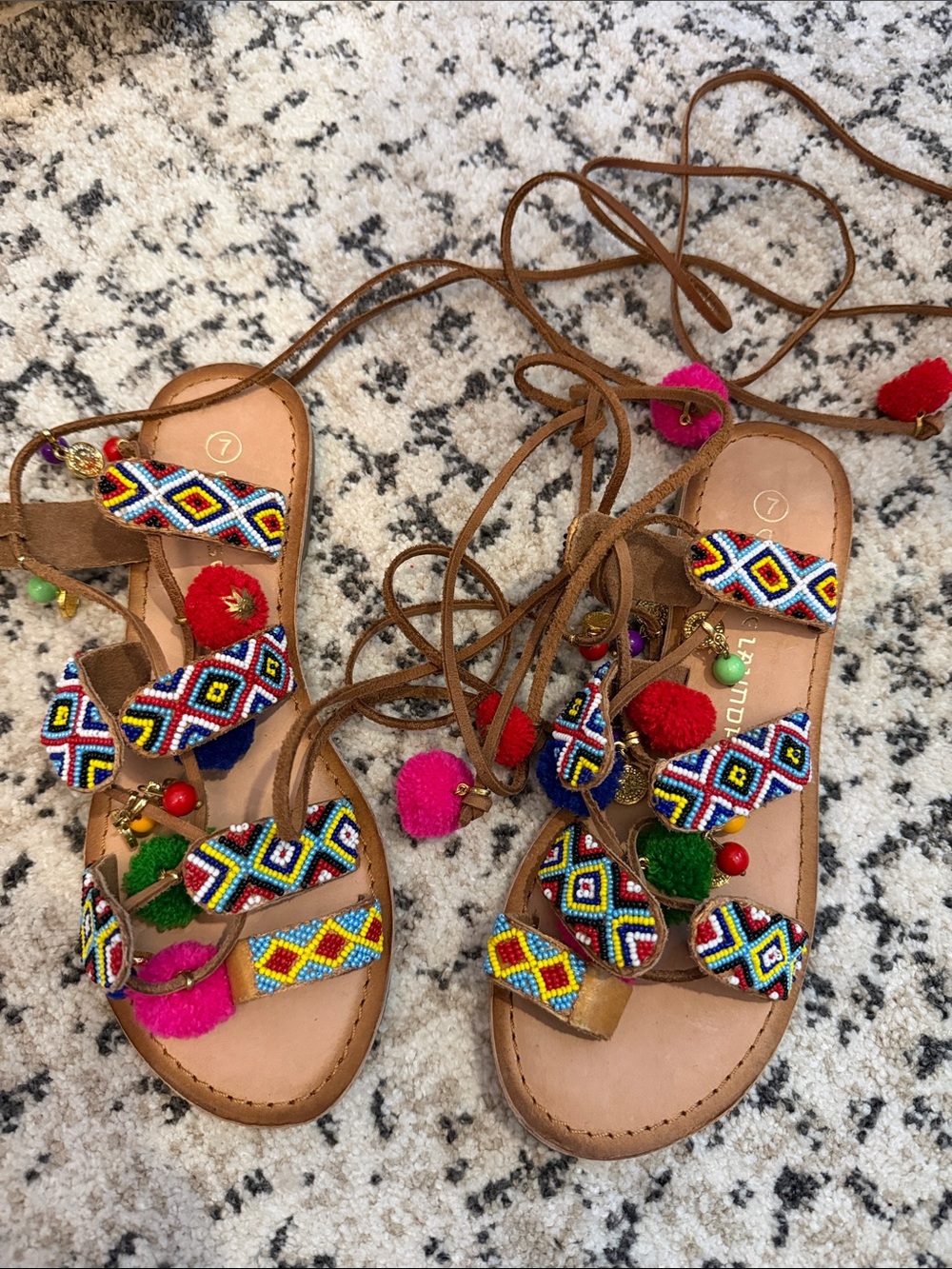 Chinese Laundry Multicolor Beaded Pom Pom Lace-Up Sandals